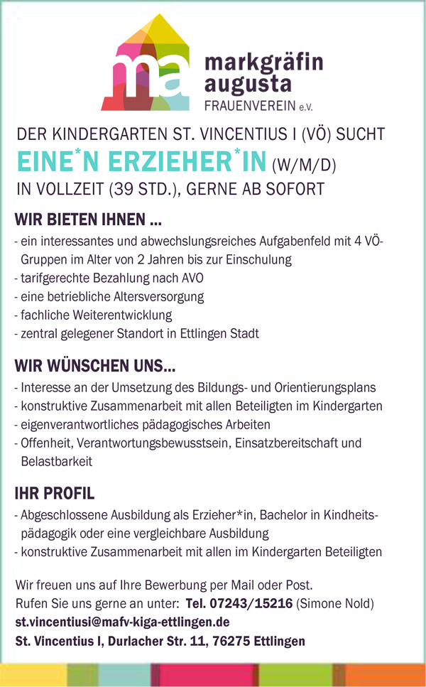 Stellenanzeige  ERZIEHER/IN (W/M/D)